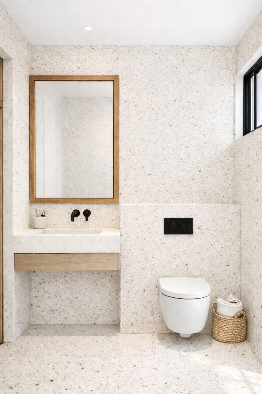 Galu Bungalow — bathroom with terrazzo and floating vanity